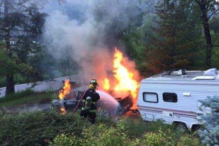 Nelson Fire crews keep truck fire from spreading to forests on Bealby Road